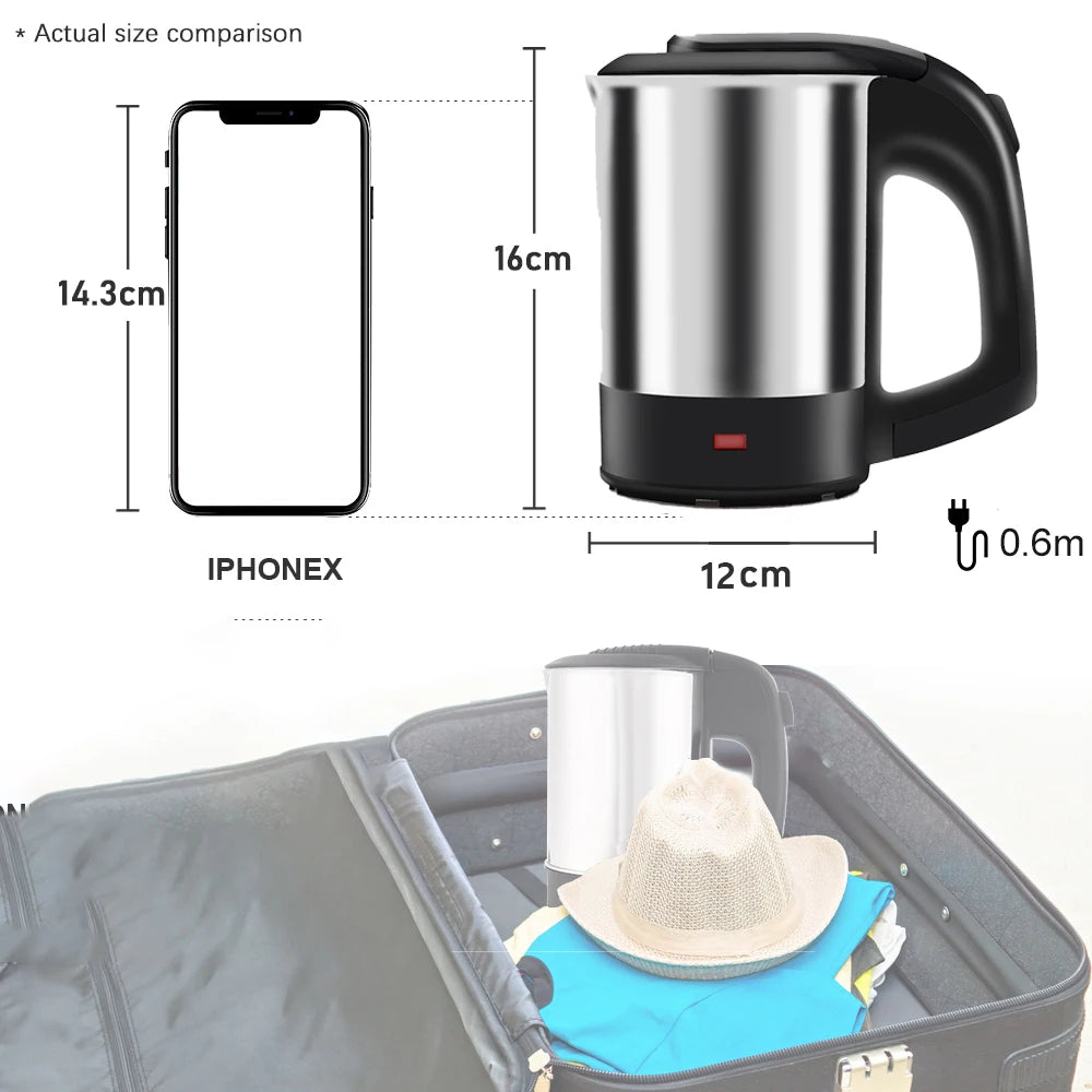 Mini Electric Kettle Tea Coffee Stainless Steel 1000W Portable Travel Water Boiler Pot 0.5L for Hotel Family Trip