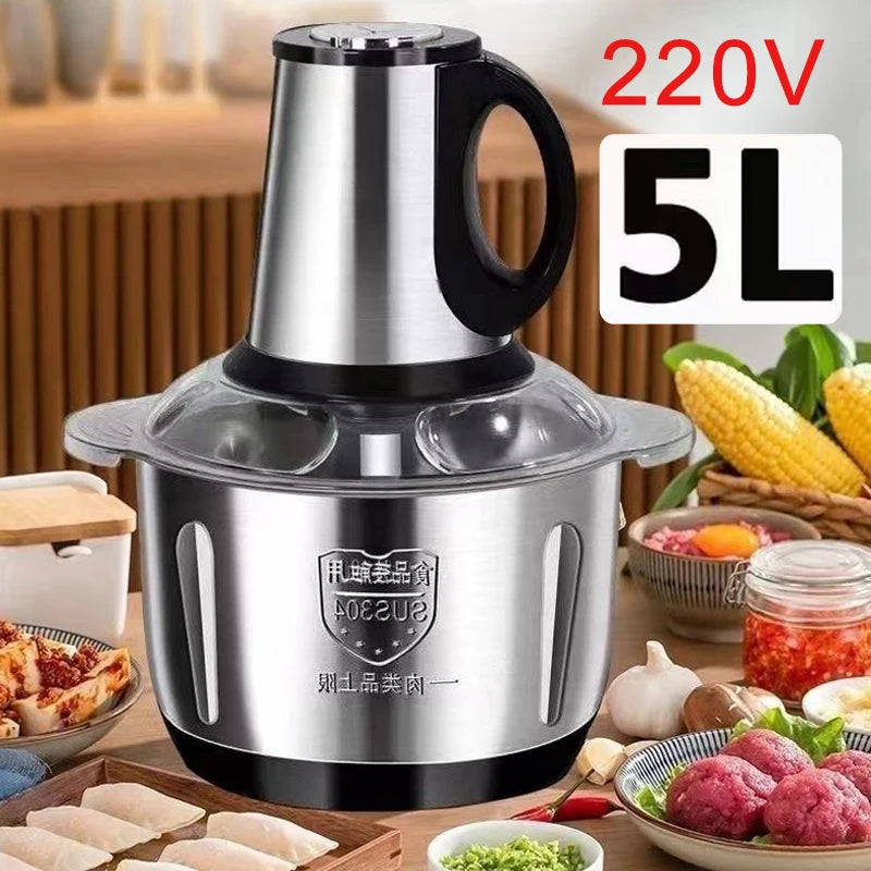 5L Meat Grinder Electric Stainless Steel Automatic Large Capacity High-Power Cutting Household Food Processor Chopper