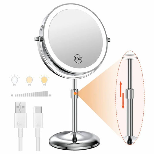 8 Inch Makeup Mirror with Light Lamp 10X Magnification 3 Color Lights,Adjustable Brightness Height Standing Cosmetic Mirror