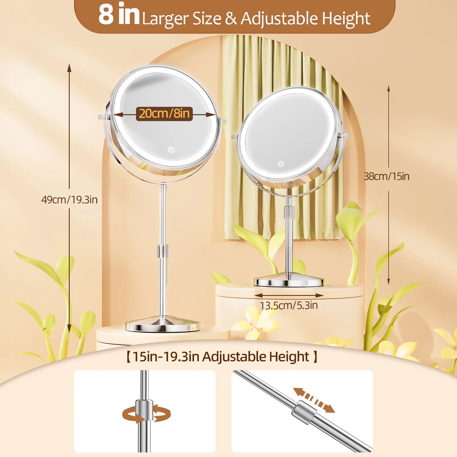 8 Inch Makeup Mirror with Light Lamp 10X Magnification 3 Color Lights,Adjustable Brightness Height Standing Cosmetic Mirror