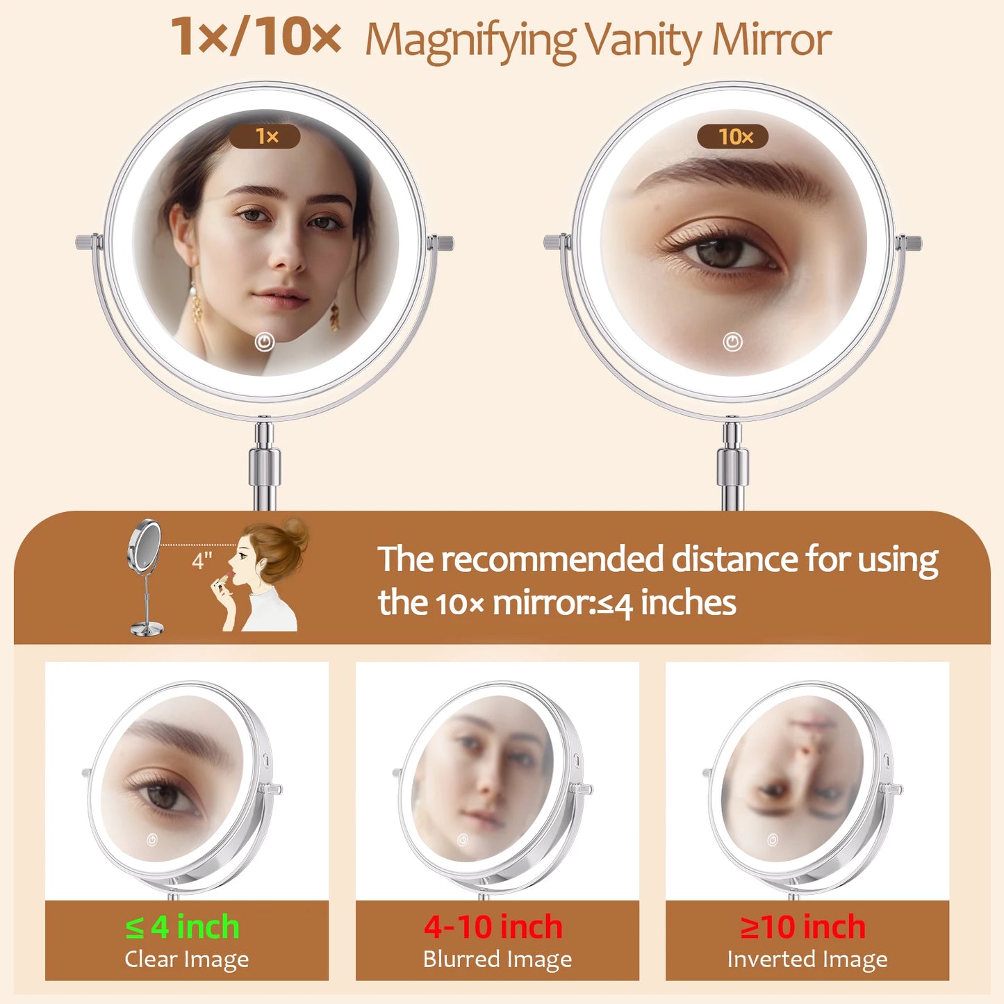 8 Inch Makeup Mirror with Light Lamp 10X Magnification 3 Color Lights,Adjustable Brightness Height Standing Cosmetic Mirror