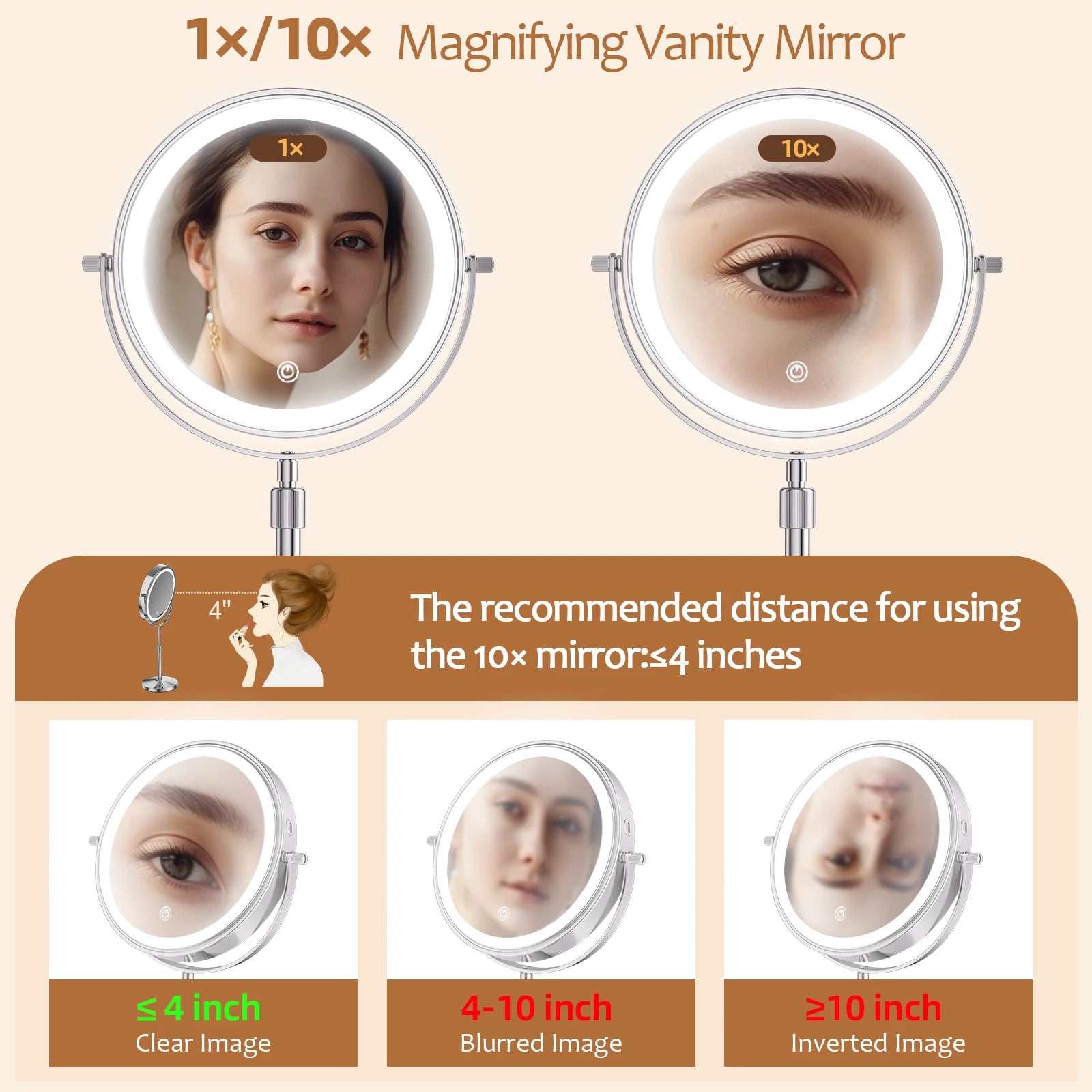 8 Inch Makeup Mirror with Light Lamp 10X Magnification 3 Color Lights,Adjustable Brightness Height Standing Cosmetic Mirror