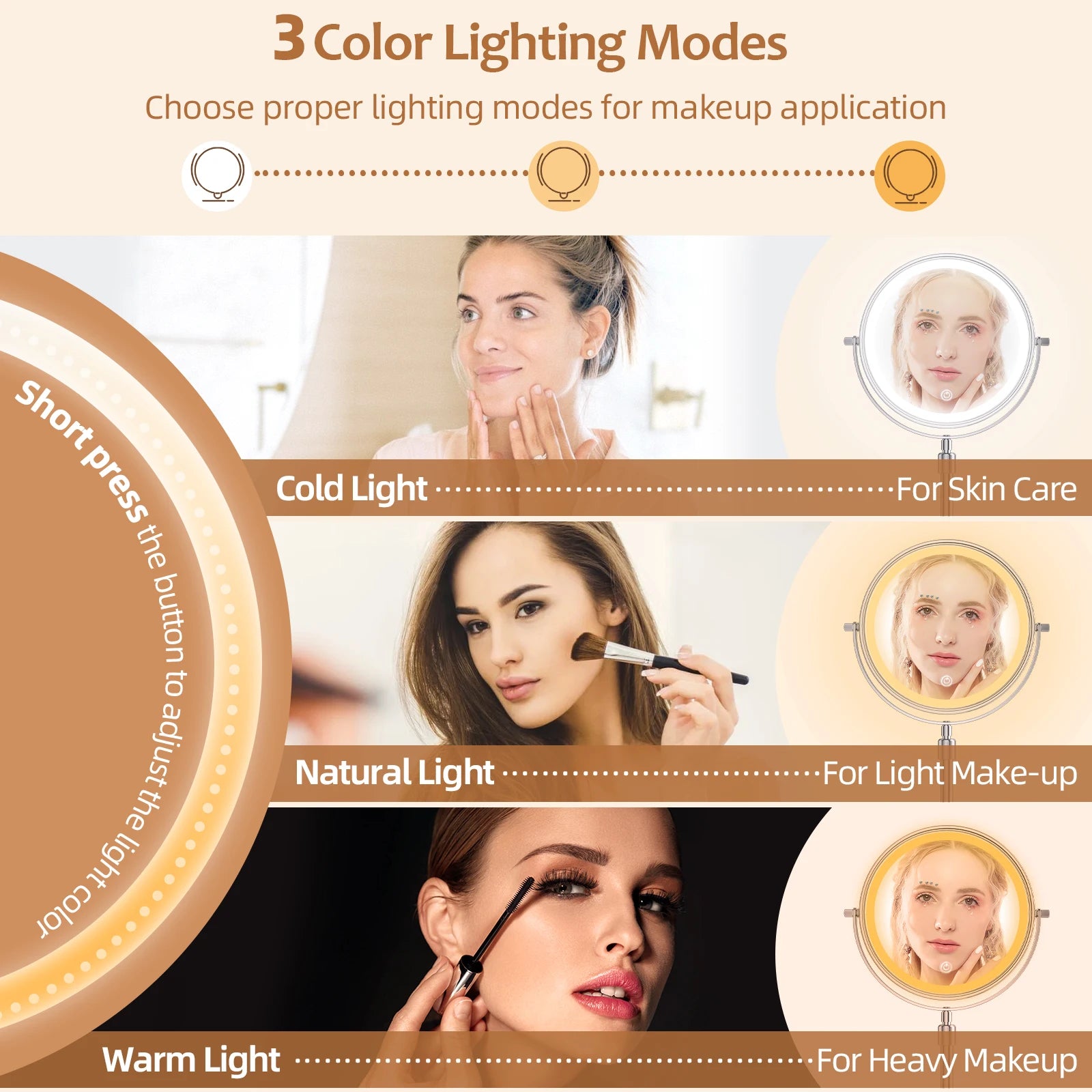 8 Inch Makeup Mirror with Light Lamp 10X Magnification 3 Color Lights,Adjustable Brightness Height Standing Cosmetic Mirror